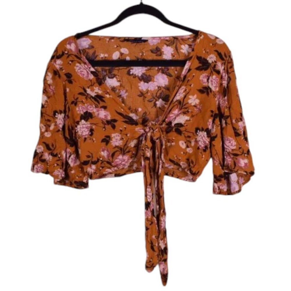 Women's American Eagle Boho Floral Tie-Front Flare Sleeve Crop Top - Size S